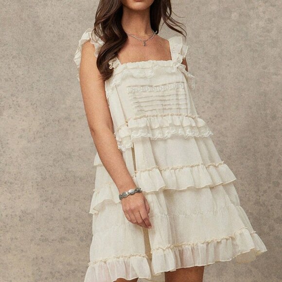 MODA ME COUTURE Dresses & Skirts - Apricot Boho Women's Square Neck Chiffon Floral Lace Tiered Mini Dress